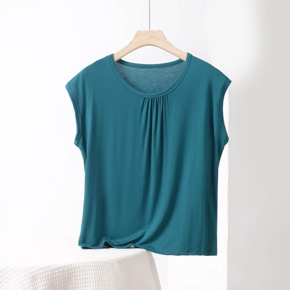 QUNYINEY Solid Womens Tshirts Casual Crew Neck Sleeveless Tops Pleated Pullover Loose Soft Shirts