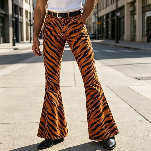 CONZONE Mens Casual Flared Pants Straight Leg Vintage Pants for Men Trendy Slim Fit Graphic Bell Bottom With Pockets