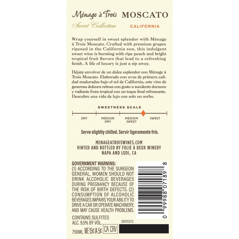 Ménage à Trois Moscato Sweet White Blend, 750mL Wine Bottle