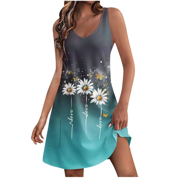 Vestidos de Verano con Cuello en V para Mujeres 2025 Casual con Bolsillos Boho Beach Camisetas Vestido Tanque Suelto