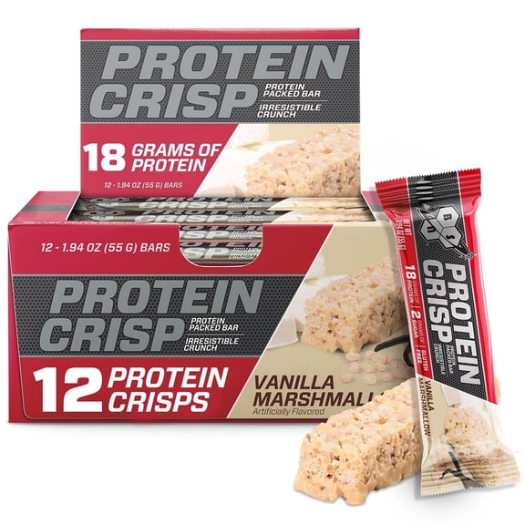 BSN Protein Bars - Protein Crisp Bar by Syntha-6, Whey Protein, 18g of Protein, Gluten Free, Low Sugar, Vanilla Marshmallow, 12 Count