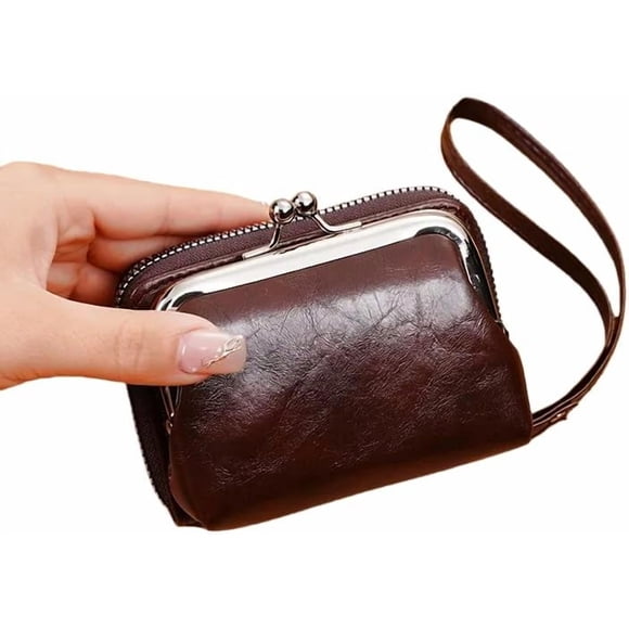 Women's Mini Classic Wallet with Kiss Lock & Zipper Closure, Golden-Tone Hardware, Multi-Compartment Coin Purse & Card Holder,Brown