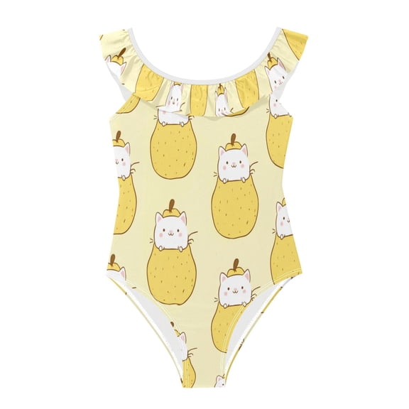 Girls Ruffled One Piece Swimsuit Summer Beach Vacation Swimwear Tank Swimsuit Pear and Kitten