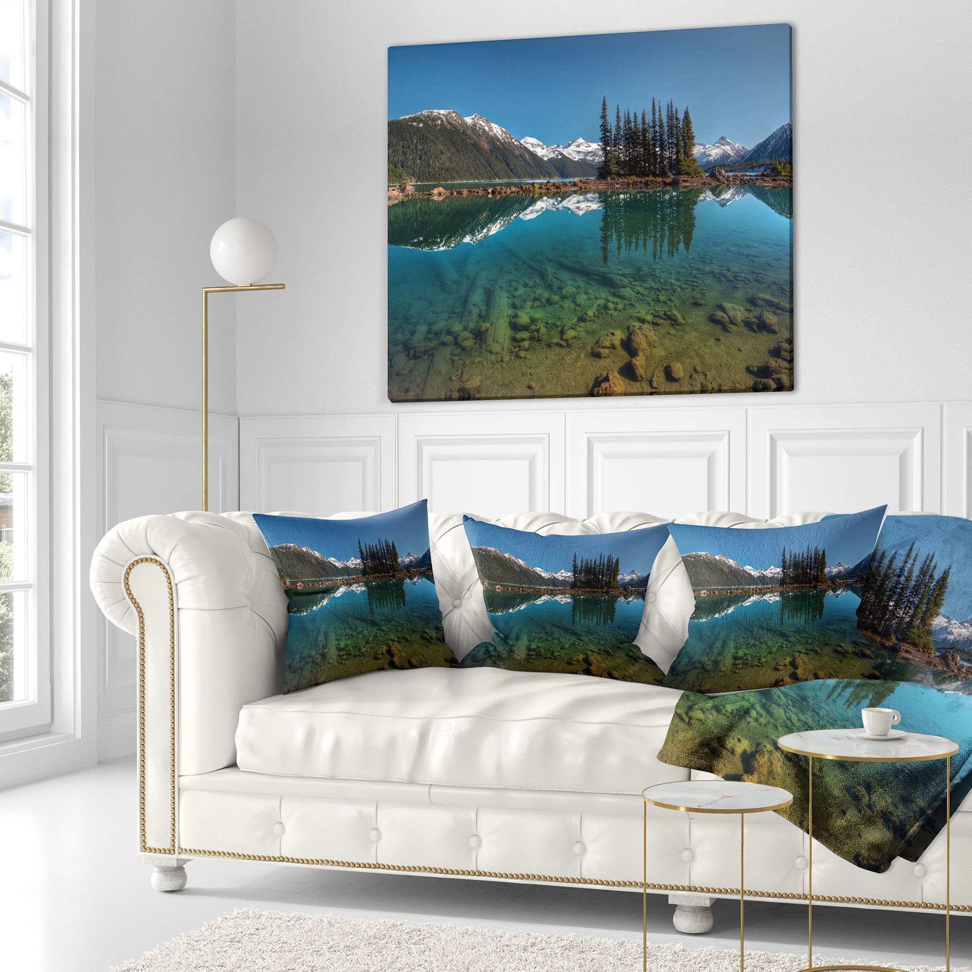 Designart Row of Pine Trees and Mountain Lake - Landscape Printed Throw Pillow - 16x16