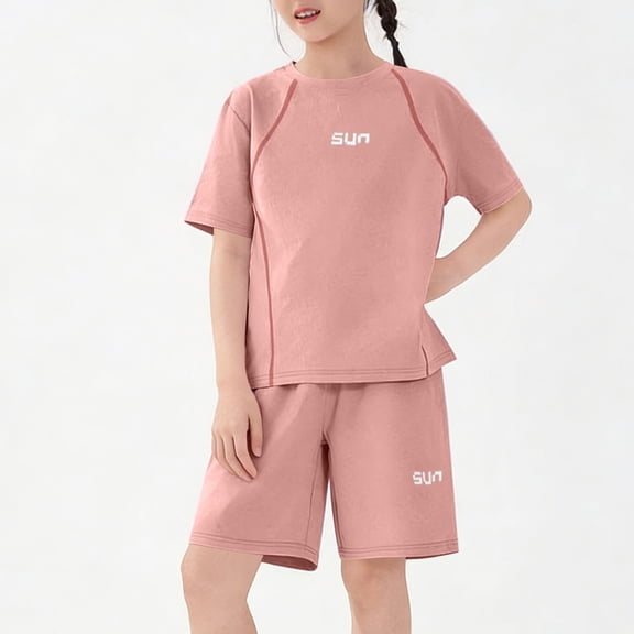 Spazoro Toddler Girls 2PC Outfit Set, Short Sleeve T-Shirt & Shorts Casual Solid Color Summer Clothes Set for Kids Pink Size 5-6