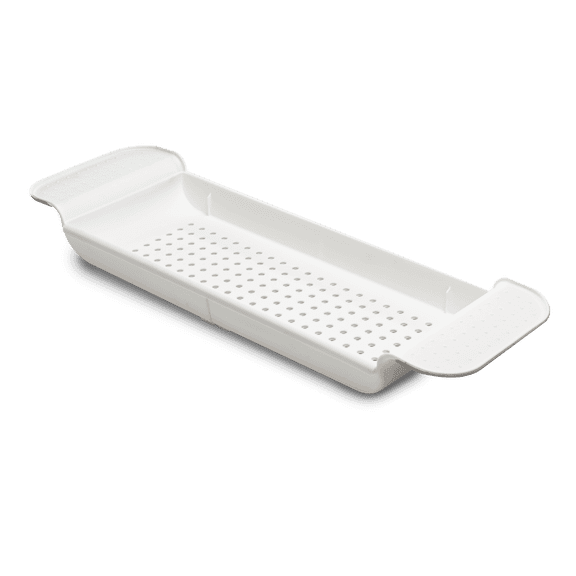 madesmart Expandable Bathtub Tray, Adjustable Bath Caddy & Over Tub Organizer Shelf for Bath Accessories, Soap, Razors, Towels, Toys & Toiletries, Non Slip Silicone Grip, Drainage Holes, White