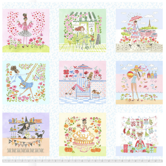 Anne Keenan Higgins Calendar Girls All Year Cotton Fabric by The Panel