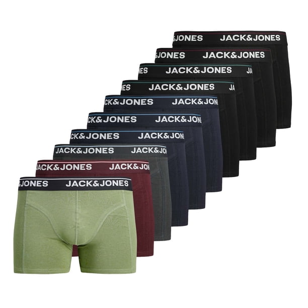 JACK&JONES Boxers para hombre, paquete de 10 - JACTIMOTHY SOLID TRUNKS 10 PACK, boxers, algodón elástico Negro/Gris/Verde/Rojo XL (X-Large)