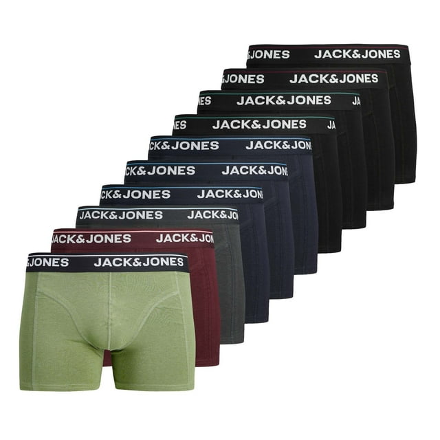 JACK&JONES Boxers para hombre, paquete de 10 - JACTIMOTHY SOLID TRUNKS 10 PACK, boxers, algodón elástico Negro/Gris/Verde/Rojo XL (X-Large)