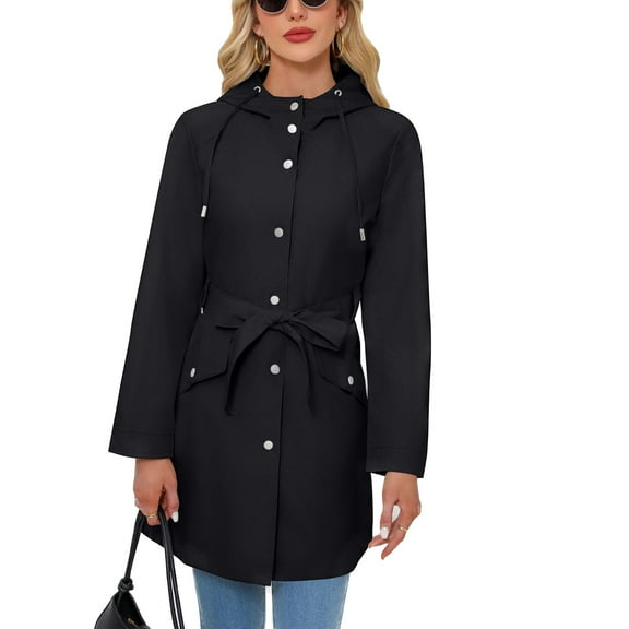 SWSMCLT Women's Hooded Trench Coat Slim Fit Button Down Rain Jackets Long Coats Waterproof Raincoat Spring Long Sleeve Belted Pockets Black 16