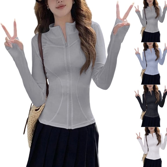UDAUDU Women's Full Zip Up Workout Jacket Slim Fit Lightweight Yoga Running Athletic Gym Sports Jacket Cropped Tops with Thumb Holes Gray XL