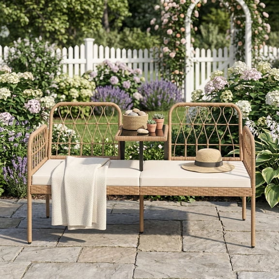 Resenkos 2-Seat PE Rattan Outdoor Loveseat with Built-in Coffee Table, Soft Cushioned Patio Furniture for Porch, Balcony, White