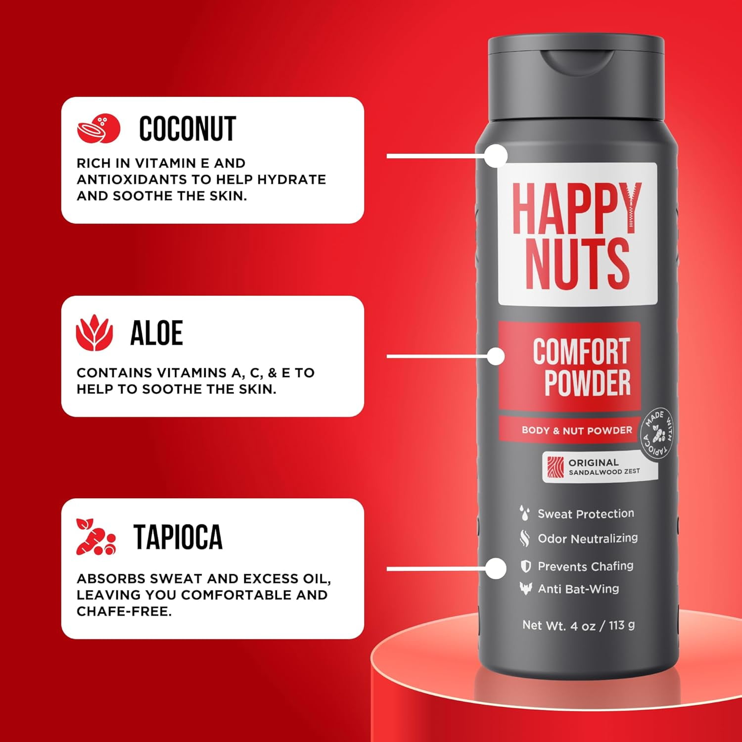 HAPPY NUTS Comfort Powder - Anti Chafing & Deodorant, Aluminum-Free, Sweat and Odor Control for Jock Itch, Groin and Men's Private Parts (4 oz, Original)