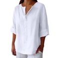 thumbnail image 2 of Cotton Linen Shirts Trendy Fashion Clothes Dress Shirts Teacher Loose Tunics Loose Fit 3/4 Sleeve Tops Summer Tops Plus Size Button Shirt Solid Blouses Cute Dressy Clothing V Neck White M, 2 of 5