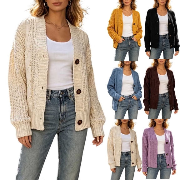 Tsivenald Cardigan Sweaters for Women Long Sleeve Button Down Chunky Knit Cardigan Sweater Casual Fall Outerwear, (White Size S-XXXL)