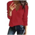 thumbnail image 2 of UVEASISHA Waffle Knit Tops for Women Long Sleeve Regular Fit V Neck Pullover Sweater Dressy Casual Business Blouse Red XL, 2 of 5