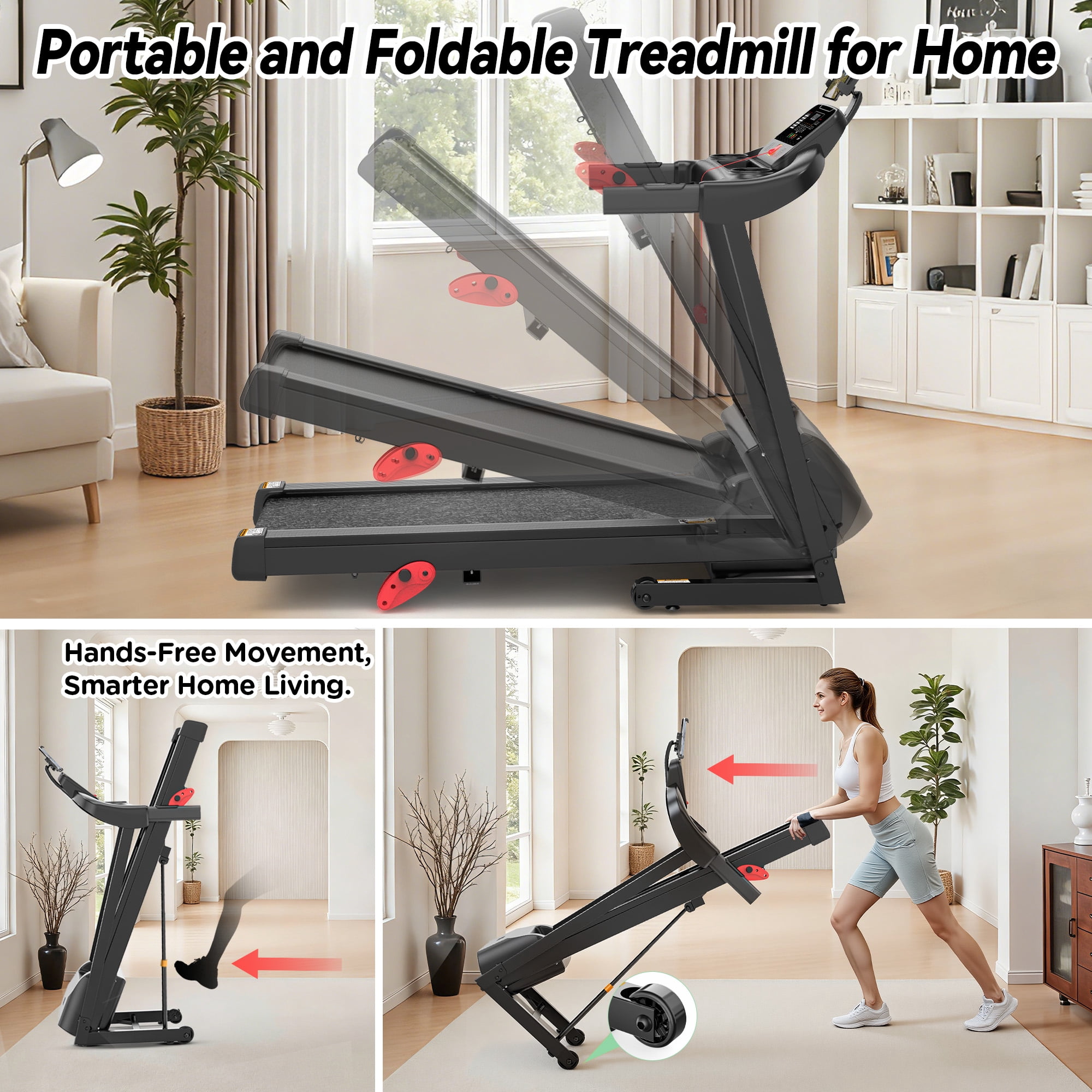 Treadmill for Home with 3-Level 9% Incline, Foldable Treadmill for Home Small Office, Compact Portable Running Treadmill with Handle,Digital LCD Display, APP Control, 300 lbs Capacity