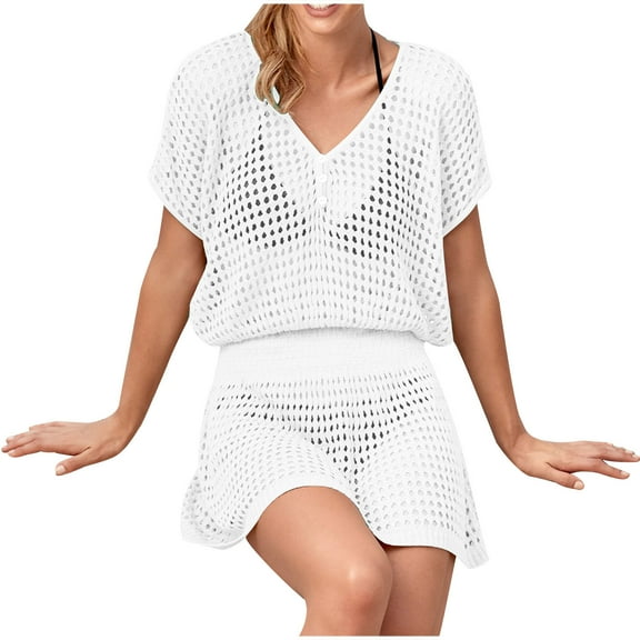 fatyb Swimsuit Cover up for Women Elastic Waist Crochet Coverup V Neck Short Sleeve Swim Mesh Knit Dress