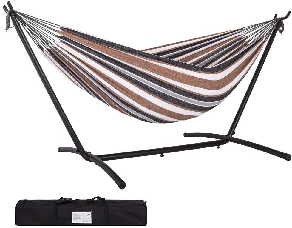 Cotton Camping Hammock Classic Hammock with 9 ft Steel Stand Brown Striped 450 lb Capacity