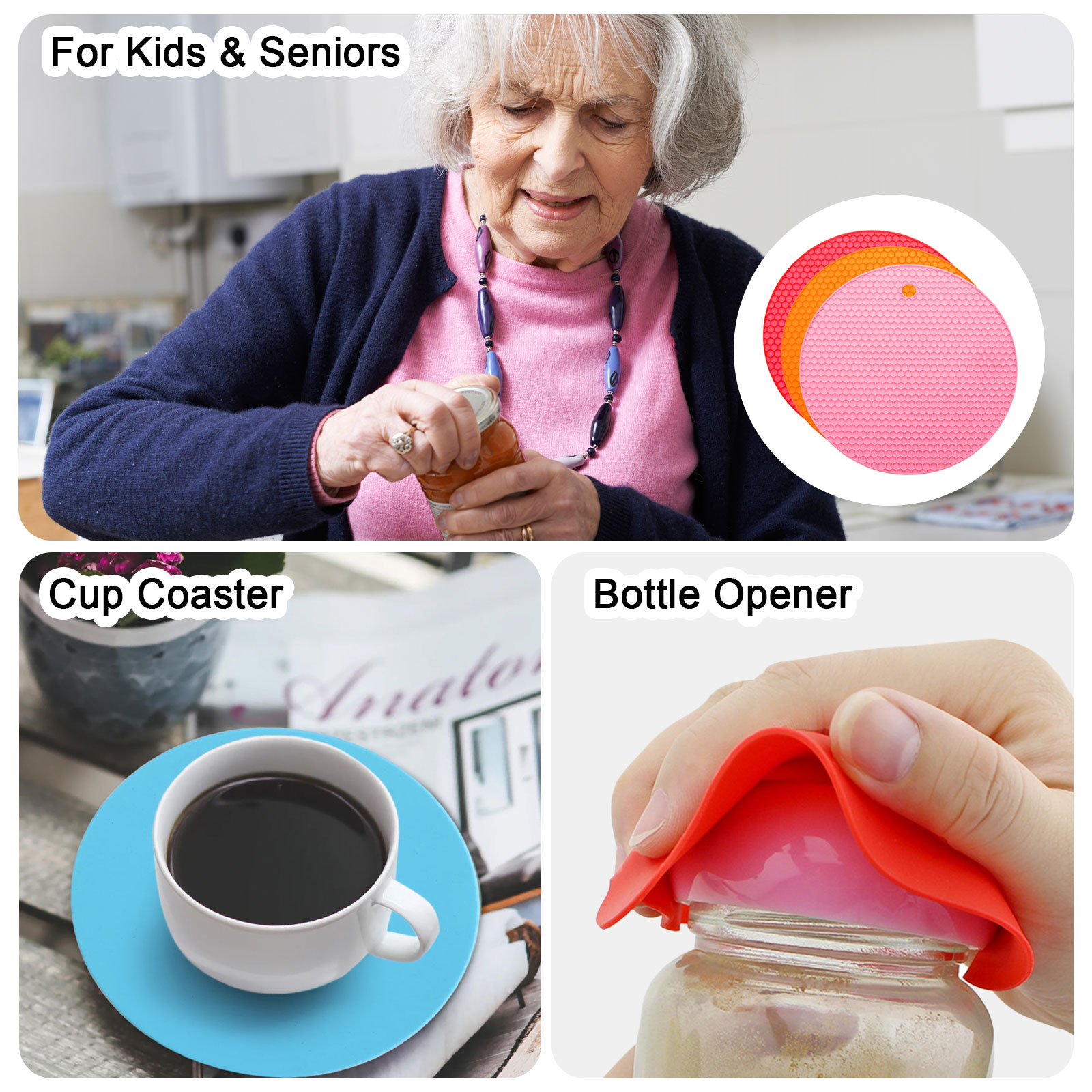Unique Bargains Non-Slip Silicone Jar Opener Pads Texture Can Opener Pink, Orange, Red