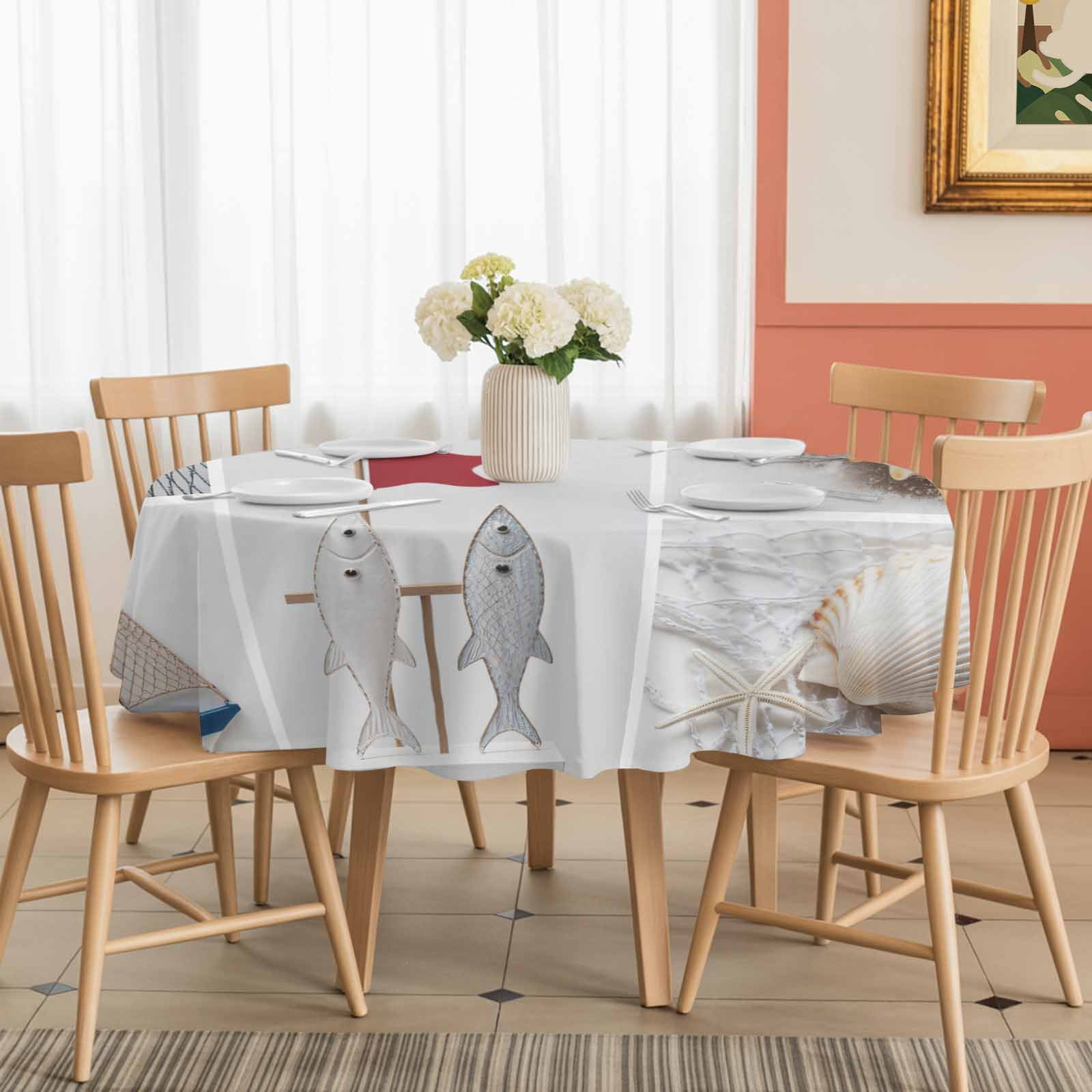 Round Tablecloth Coastal Beach Themed Waterproof Oil Proof Polyester Table Cloth Cover Decor for Home Dining Outdoor,Patio,Parties, 60" Dia. Summer Ocean Starfish Shell Boat