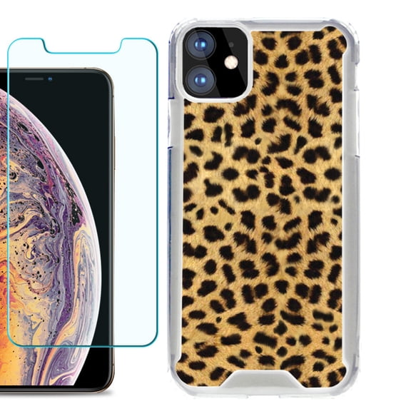 For Apple iPhone 11 Case, Hybrid Bumper Phone Case, with Tempered Glass Screen Protector, by OneToughShield ® - Cheetah Gold/Black