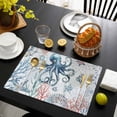 thumbnail image 3 of Ocean Octopus Placemats Set of 4, Summer Coastal Coral Flower Shells Placemats for Dining Table, Place Mats for Kitchen Tabletop, Waterproof Wipeable Dining Table Mats Set, 3 of 9