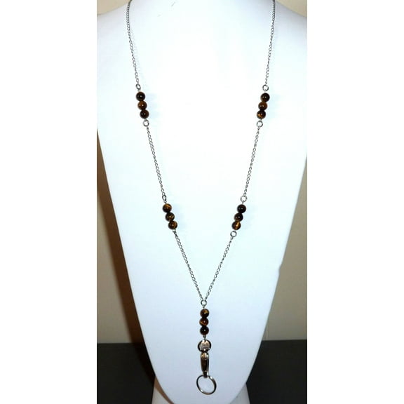 Hidden Hollow Beaded Chain Lanyard Stainless Steel Necklace, 34" ID Badge Holder, Women's Fashion Lanyard (Tiger's Eye Beaded Chain Non Breakaway - Stronger)
