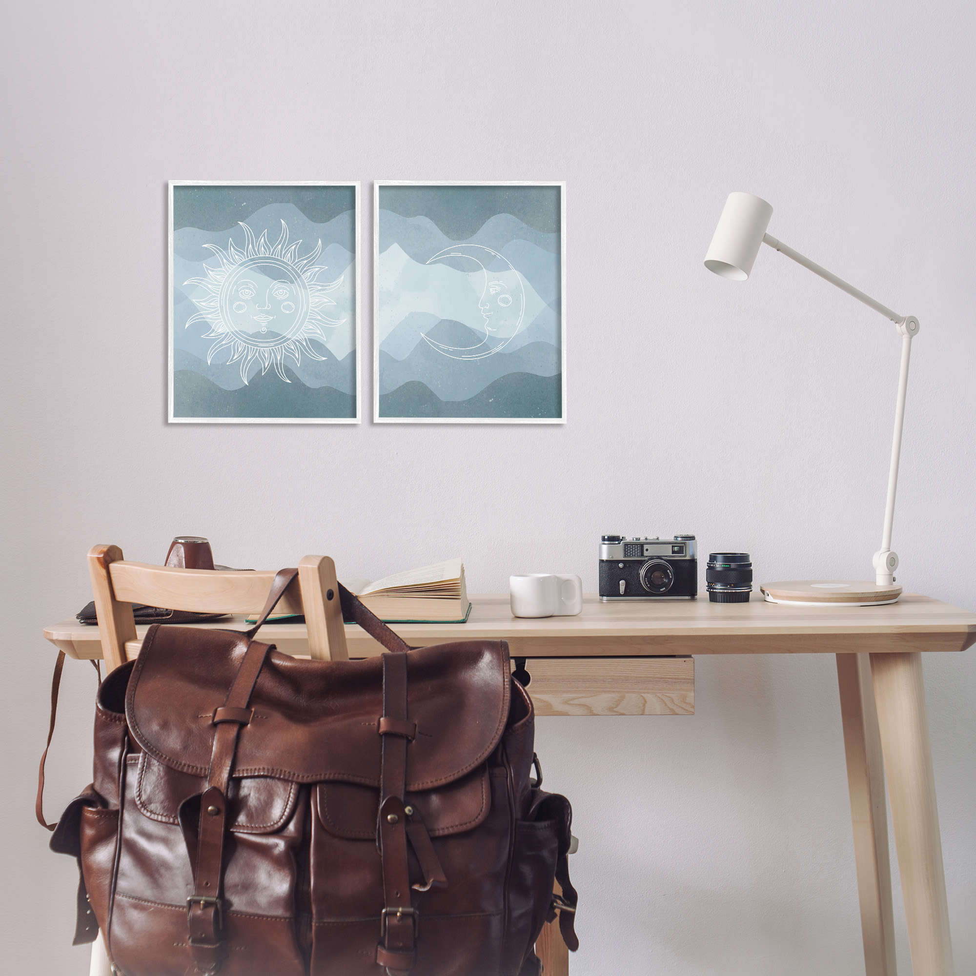 Stupell Industries Celestial Sun & Moon Landscape Painting White Framed Art Print Wall Art, 11 x 14, Set of 2