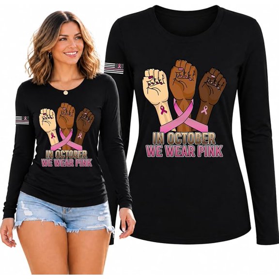 Wild Bobby Words of Encouragement Distressed US Flag Breast Cancer Awareness Womens Long Sleeve T-Shirt