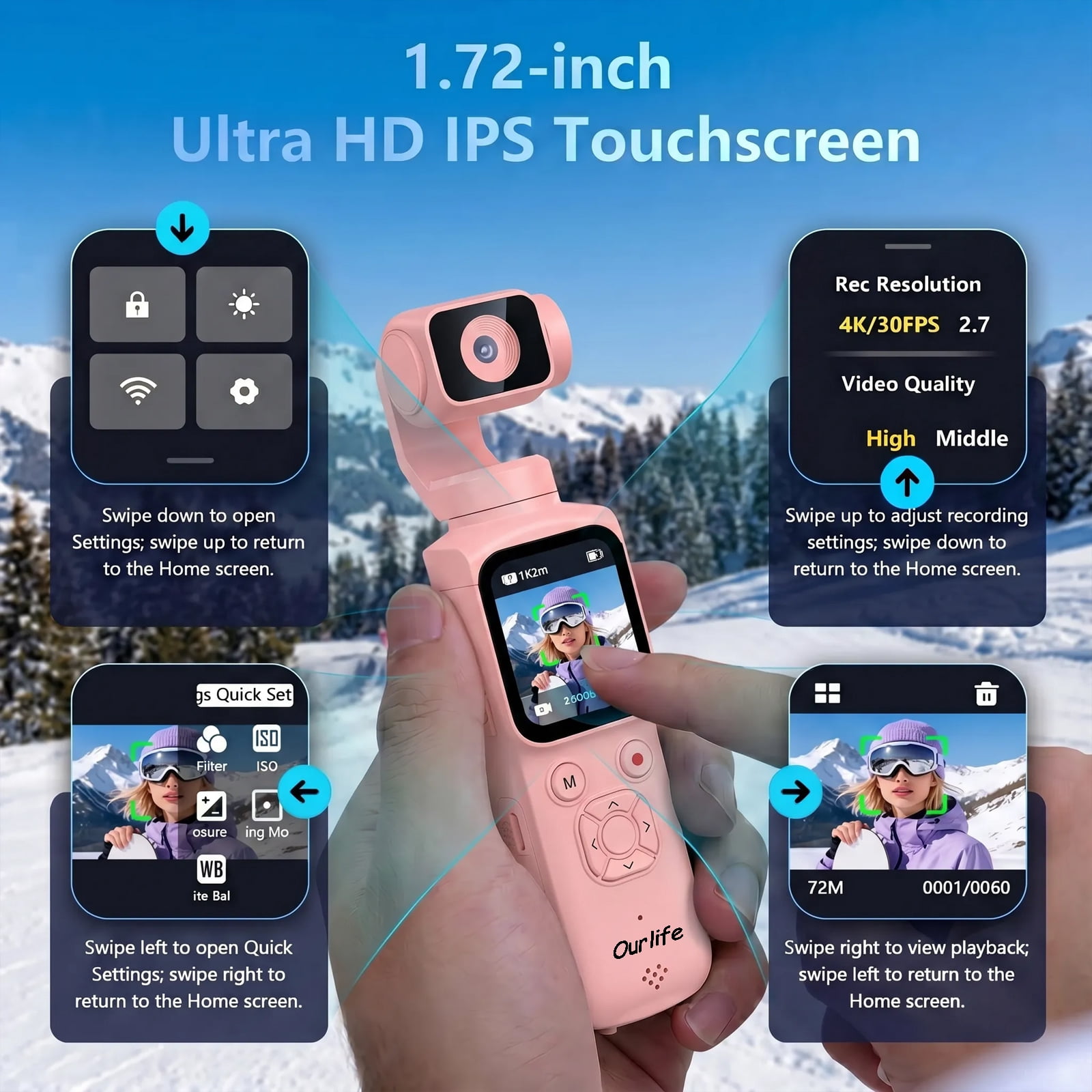 Ourlife 4K Vlogging Camera with 330° Rotation Gimbal, 1.72" Touch Screen, Face Tracking, 2400mAh Battery, 64GB Card, Pocket Digital Camera for Content Creators Pink