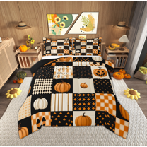 Manfei Halloween Pumpkin Child Full Size Comforter Sets, Vintage Patchwork Buffalo Bedding Comforter Set, Autumn Harvest Reversible Bedding Sets, Lightweight Room Decor, 3-Piece