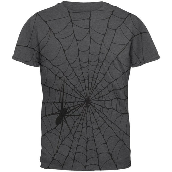 Halloween Giant House Spider Spider Web All Over Dark Heather Adult T-Shirt - Large