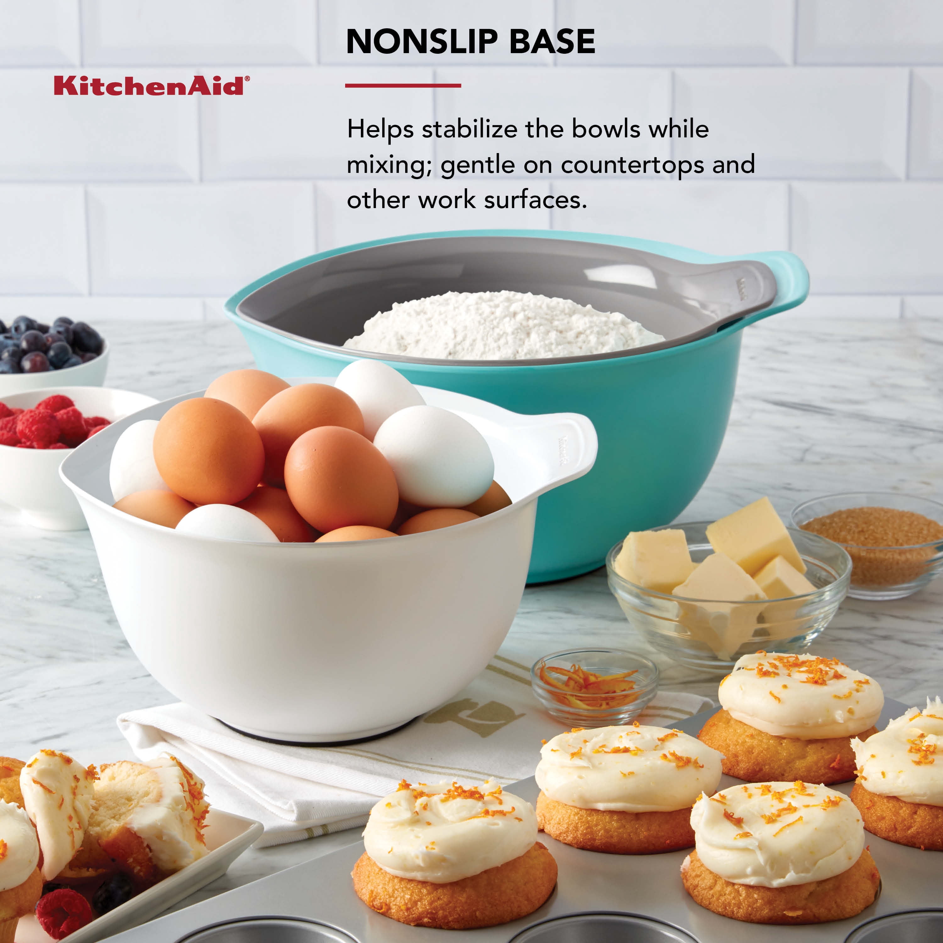KitchenAid Universal Set of 3 Plastic Mixing Bowls Aqua Blue, Gray and White