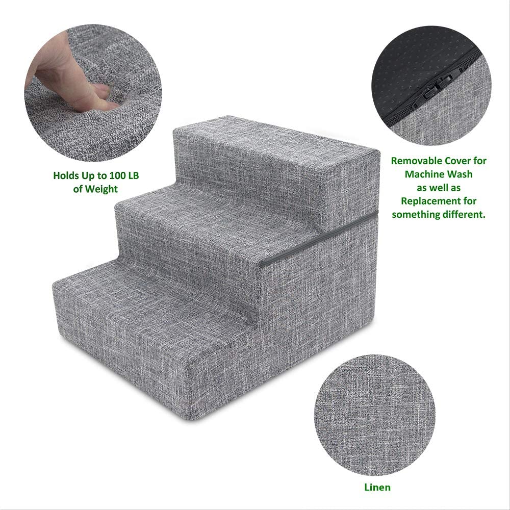 Best Pet Supplies Foldable Foam Pet Steps for Small Dogs and Cats, Portable Ramp Stairs for Couch, Sofa, and High Bed Climbing, Non-Slip Balanced Indoor Step Support, Paw Safe - Ash Gray Linen,3-Step