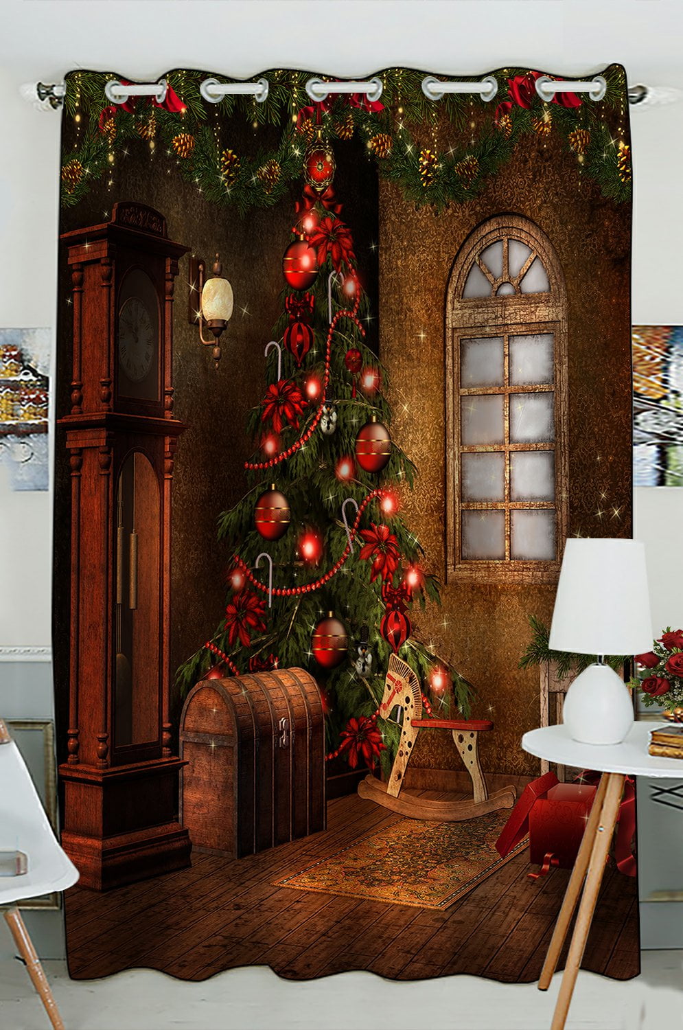 PHFZK Winter Holiday Window Curtain, Merry Christmas Tree Vintage Style