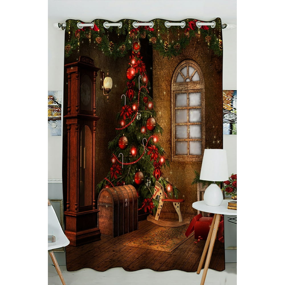 PHFZK Winter Holiday Window Curtain, Merry Christmas Tree Vintage Style Window Curtain Blackout