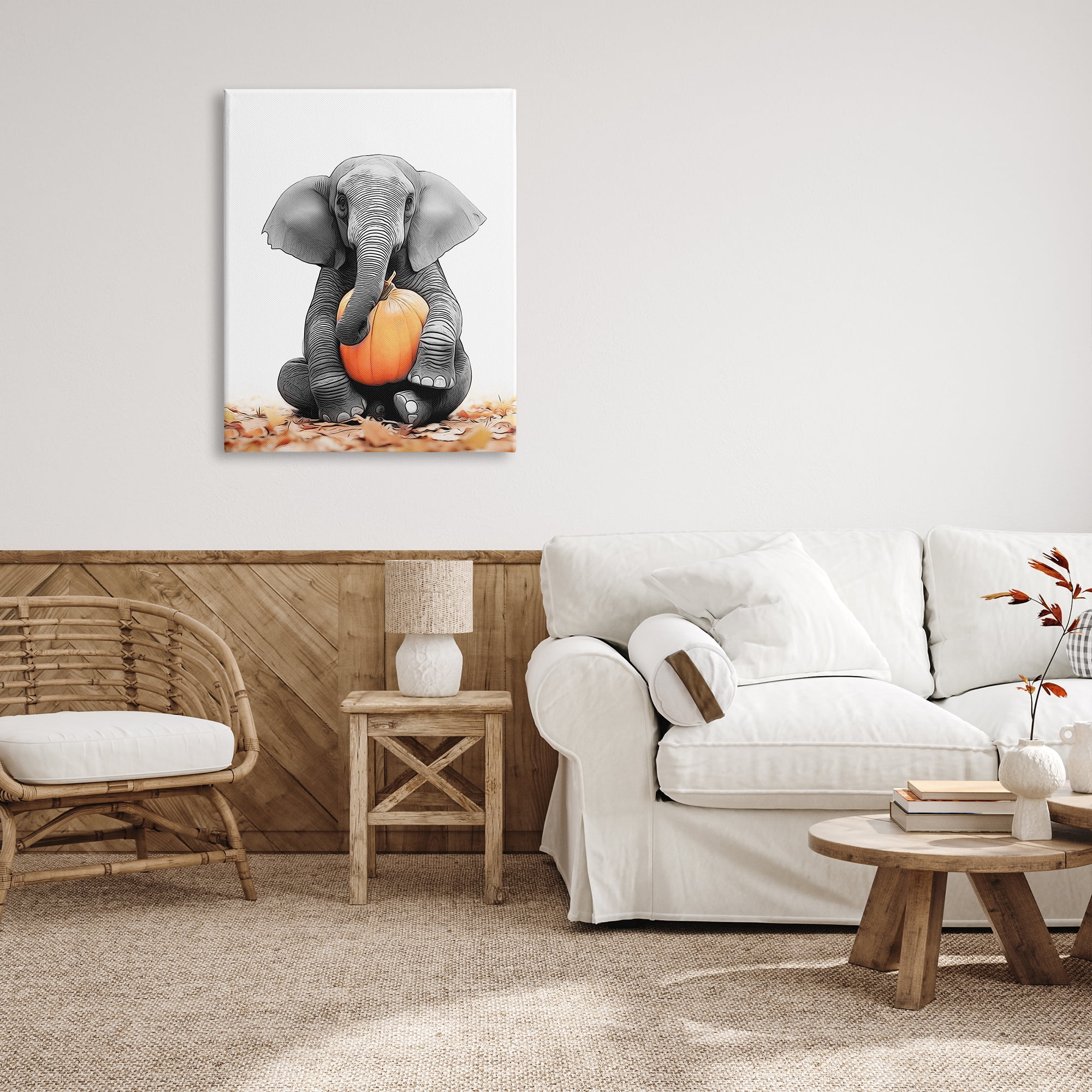 Stupell Industries Elephant in Autumn Leaves Holiday Painting Gallery Wrapped Canvas Art Print Wall Art, 30 x 40
