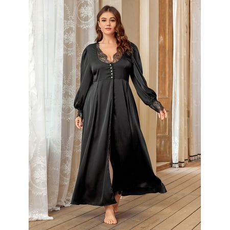 

Women s Plus Lace Insert Split Thigh Bishop Sleeve Nightgown 0XL(12) Black Royal F22001D