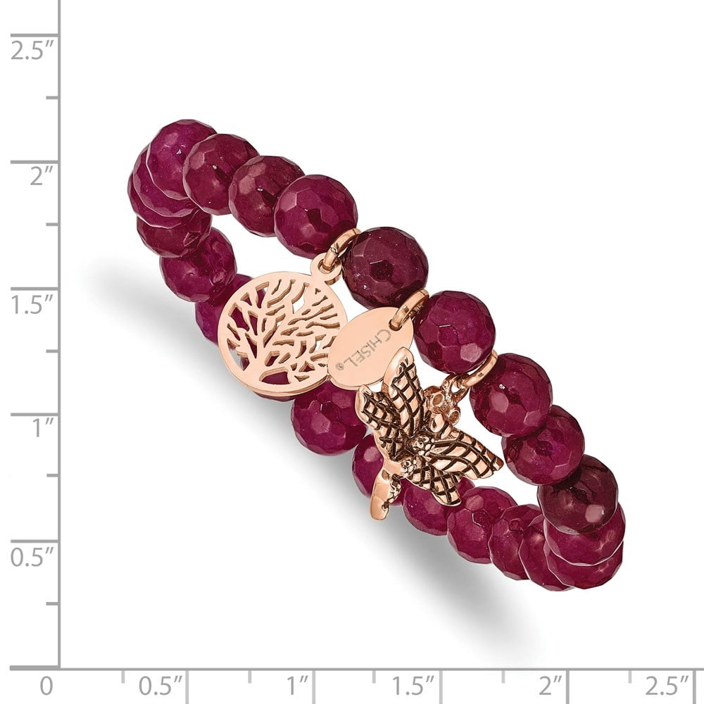Diamond2Deal Stainless Steel Rose IP-Plated Dragonfly and Tree of Life Pink Dyed Jade Beaded Stretch Bracelet for Women 6.25"