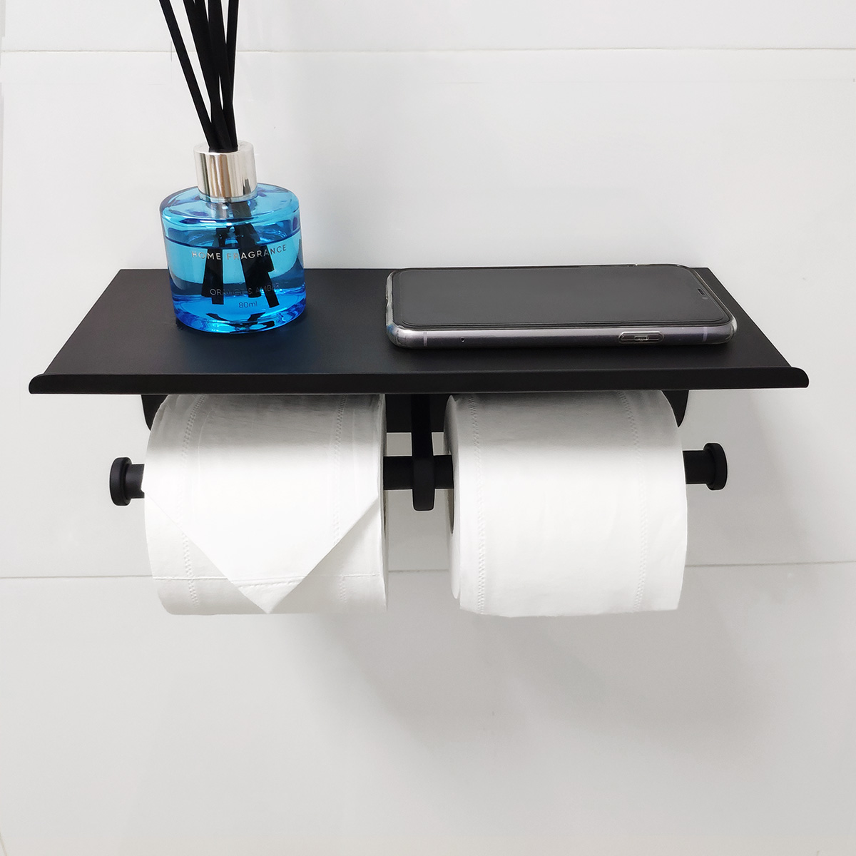 GZILA Double Toilet Paper Holder with Shelf Matte Black Wall Mounted, Dual Large Rolls Tissue Holder Multipurpose TP Dispenser, SUS 304 Stainless Steel