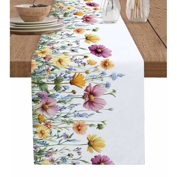 Colorful Floral Table Runner 60 Inches, Country Spring Botanical Flowers Herbs Bed Runner Dresser Scarves Tabletop for Indoor Outdoor Parties/Ceremony/Banquet, 13" x 60"