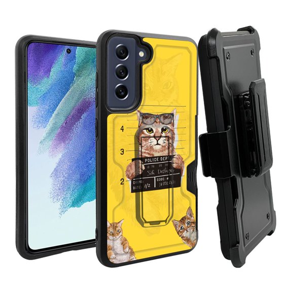 ANJ  Rugged Dual Layer Hybrid Holster Kickstand Case w/ Card Slot   Tempered Glass Cover for Samsung Galaxy S21 FE 5G - Criminal Cat