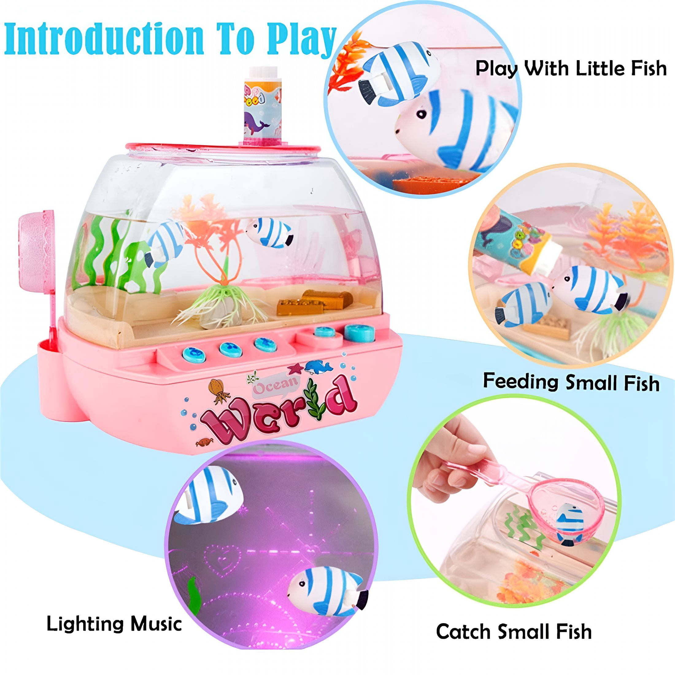 ACDANC Mini Aquarium for Kids Fishing Toys Artificial Fish Tank with Moving Fish,Light,Music,Fishing Rod Fishing Net Pretendplay Toy