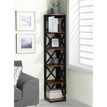 Pemberly Row Five-Tier Corner Bookshelf Bookcase in Cherry and Black Wood