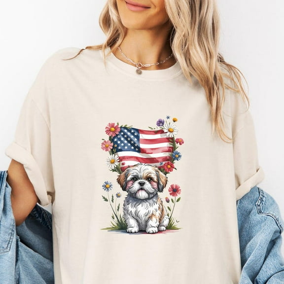 Shih Tzu USA Shirt 4th of July Patriotic Dog T-Shirt with American Flag and Flowers Cute Shih Tzu Mom Gift Tee 4th of July USA Dog Lover