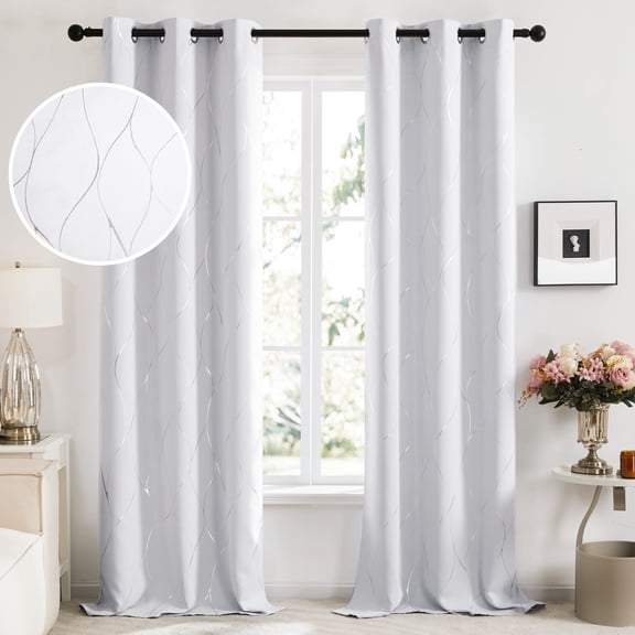 Deconovo Silver Wave Foil Printed Blackout Curtains for Bedroom, 42x84 inch, 2 Panels, Grayish White