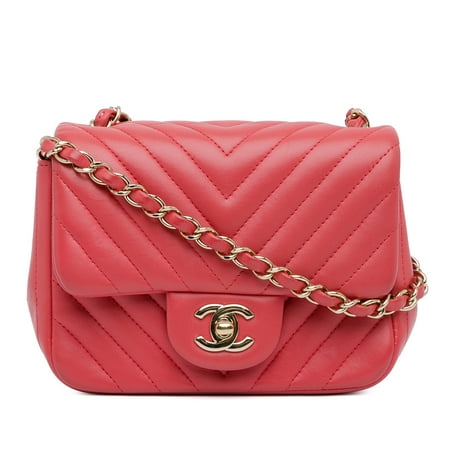 Pre-Owned Authenticated Chanel Mini Square Classic Chevron Lambskin Flap Leather Red Crossbody Bag Unisex (Good)