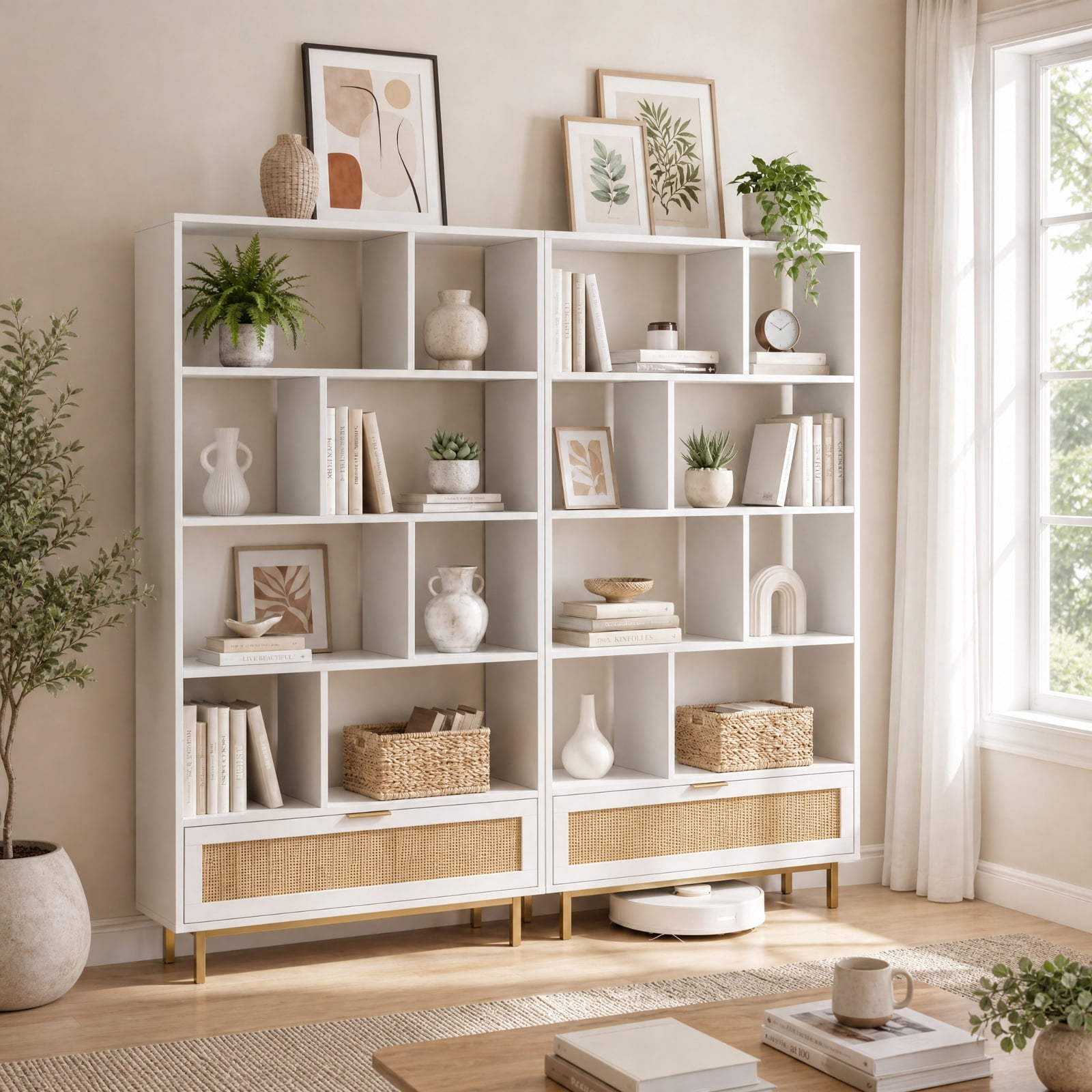 Furnibear 64 inch 6-Tier Tall Wooden Bookcase with 8 Open Cubes for Living Room Home Office Bedroom Display Storage Shelf, White