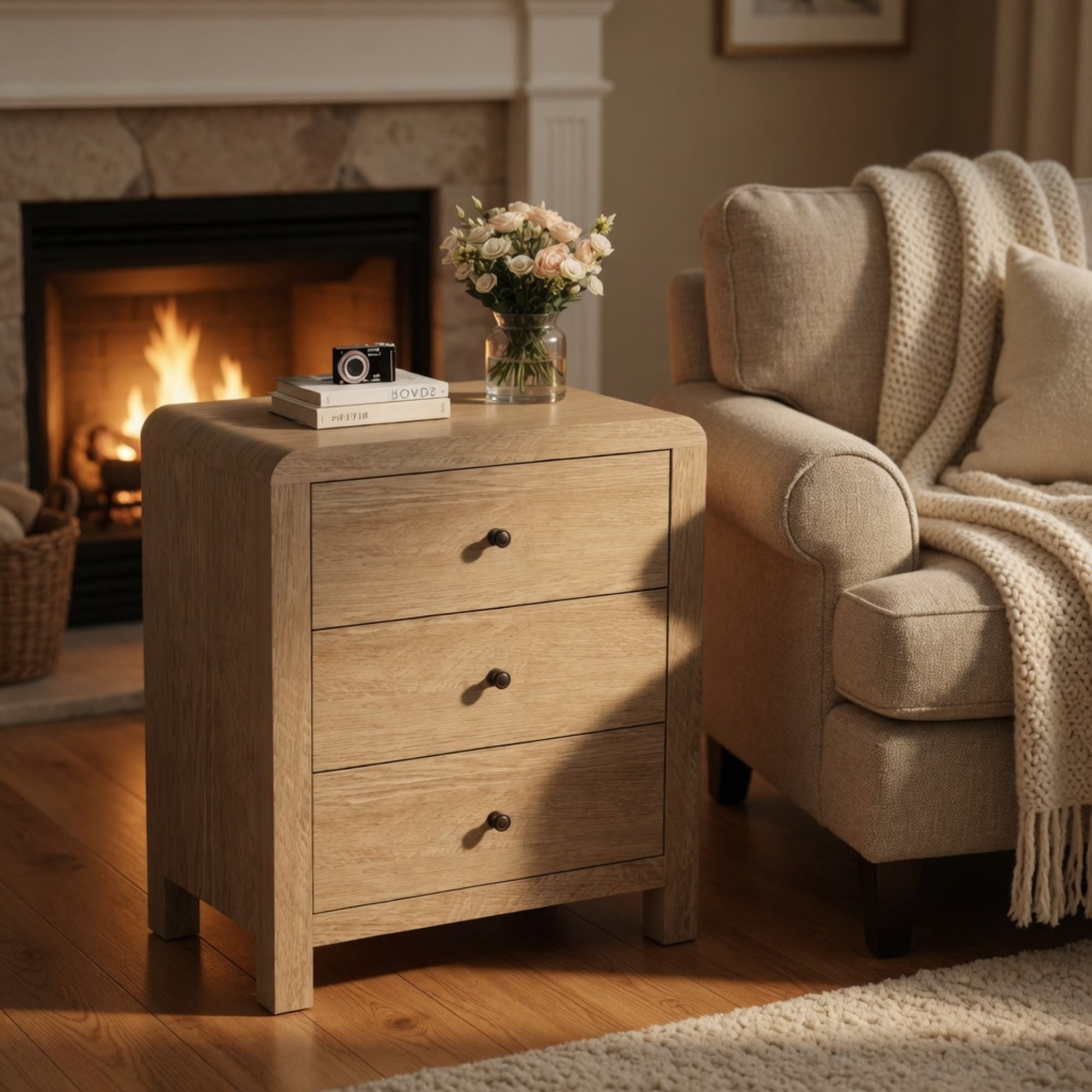 23.6" Width Natural Wood 3 Drawer Chest of Drawers - Modern Rounded Corner Design